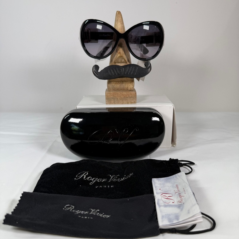 Roger Vivier Black Oversized Butterfly Sunglasses 4-1/13 Silver Buckle Italy NEW